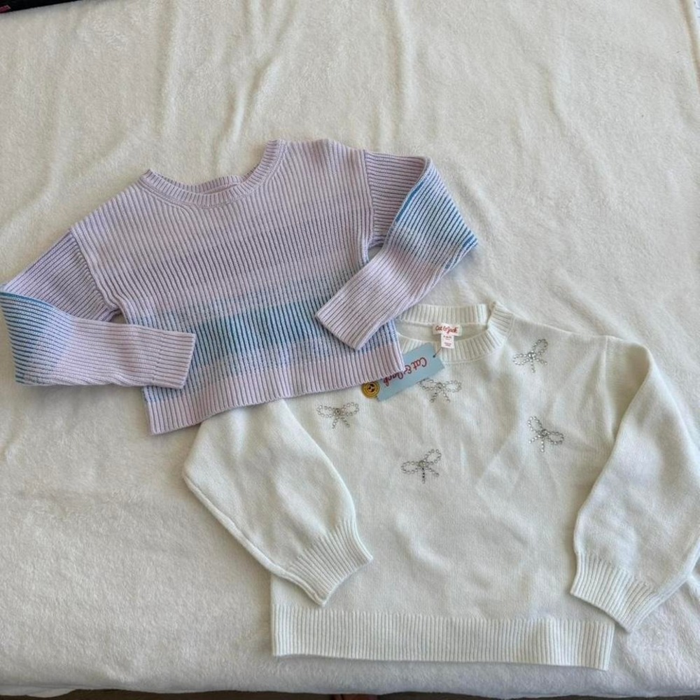 Cat & Jack girls S 6/7 light purple & blue striped sweater bundle‎ 2pc winter
